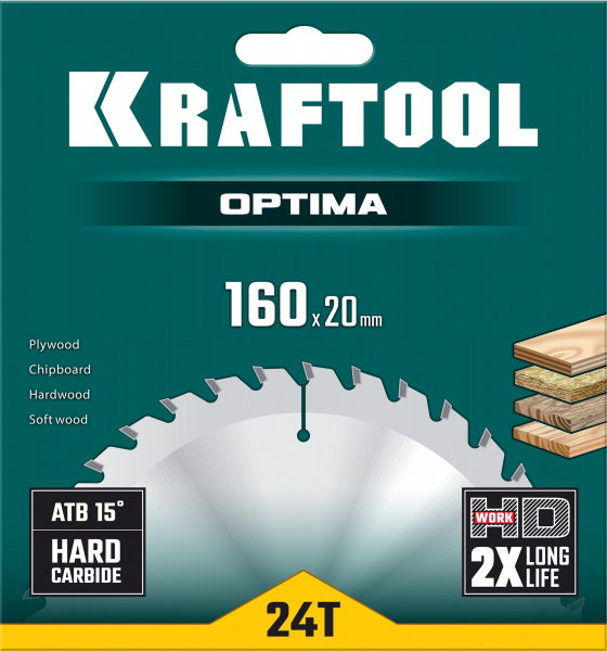 KRAFTOOL Optima, 160 х 20 мм, 24Т, пильный диск по дереву (36951-160-20)