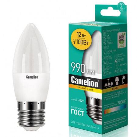 Лампа светодиодная E27 C35 12W тёплый свет CAMELION 1/10/100
