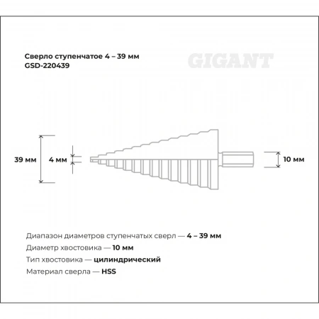 Ступенчатое сверло 4-39 мм Gigant GSD-220439