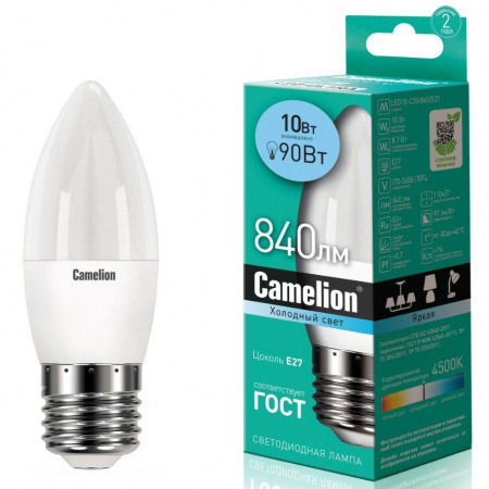 Лампа светодиодная E27 C35 10W холодный свет CAMELION 1/10/100