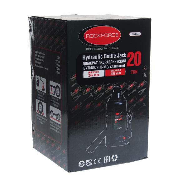 Домкрат гидравлический RF-T92004 бутылочный с клапаном 20т (выс.подъема 220-420мм) ROCKFORCE /1/2