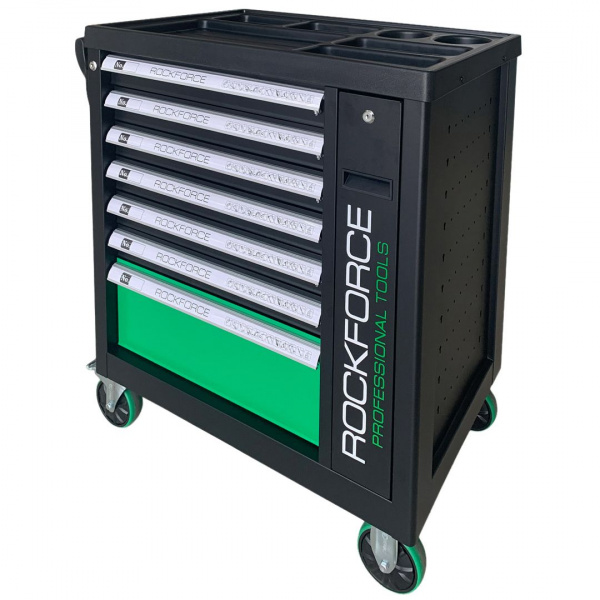 Тележка инструментальная RF-55299 7 секций с дополнительной боковой секцией, 600х790х970 (полки:65х500х395-6шт,200х500х395мм-1шт), (зеленая) ROCKFORCE