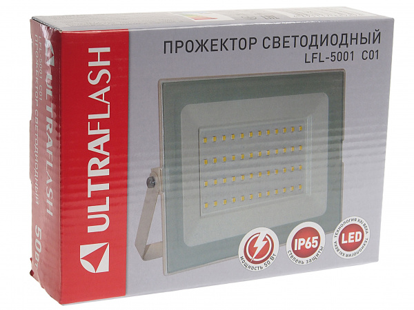 Прожектор UF-FL5001 LED SMD WHITE 50W 6500K 190х140мм 220V ULTRA FLASH /1/20