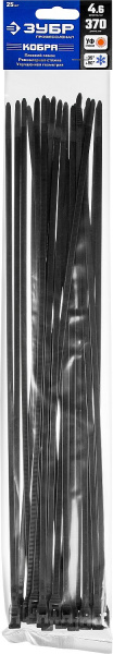 ЗУБР КОБРА, 4.6 x 370 мм, нейлон РА66, 25 шт, черные, кабельные стяжки с плоским замком, Профессионал (30935-46-370)