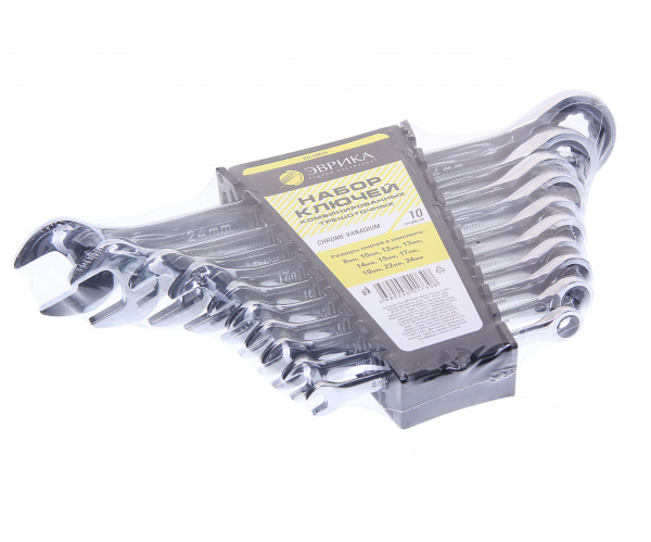 Набор ключей комбинированных ER-20824 трещоточных 10 предметов 8,10,12,13,14,15,17,19,22,24мм (на держателе) ЭВРИКА 1/5/10 Набор ключей комбинированных ER-20824 трещоточных 10 предметов 8,10,12,13,14,15,17,19,22,24мм (на держателе) ЭВРИКА 1/5/10