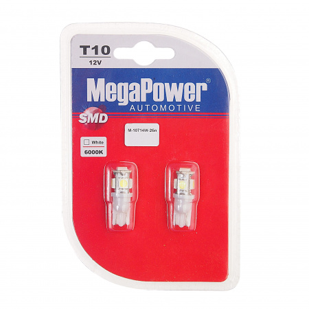 Автолампа T10W (W2,1x9,5d) 5 SMD 5050 WHITE блистер (2 шт) 6000K 100лм   12V MEGAPOWER /1 /50