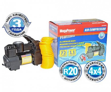 Компрессор M-55020 поршневой двухцилиндровый 150PSI (72л/мин, 30А, 300W) с дефлятором, длинный шланг, в сумке 12V MEGAPOWER /1/4
