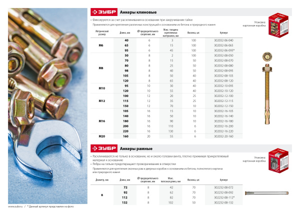 ЗУБР М16 х 220 мм, 6 шт, клиновой анкер (302032-16-220)