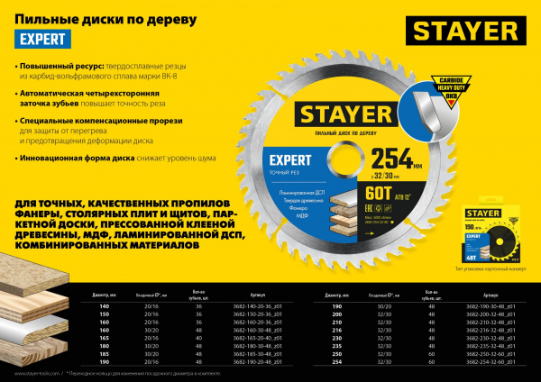 STAYER Expert, 165 x 20/16 мм, 40T, точный рез, пильный диск по дереву (3682-165-20-40)