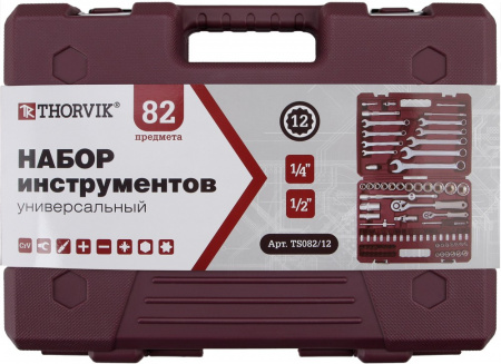 TS082/12 Набор инструмента универсальный 1/4", 1/2"DR с головками торцевыми 12-гранными, 82 предмета TS082/12 Набор инструмента универсальный 1/4", 1/2"DR с головками торцевыми 12-гранными, 82 предмета