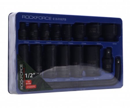 Набор головок RF-4169MPB ударных 16пр., 1/2", 6гр. (короткие 10,12,13,14,15,27,30, 32мм;глубокие 1/2":17,19,21,22,24,36мммм) ROCKFORCE /1/10