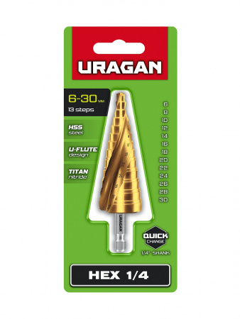 URAGAN 6-30мм, 13 ступеней, винтовая спираль, сверло ступенчатое (29658-6-30-13)