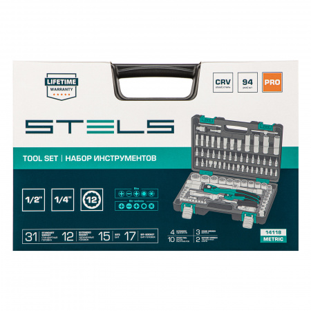 Набор инструментов 1/2", 1/4", CrV, 12 гранные головки, пластиковый кейс, 94 предмета Stels
