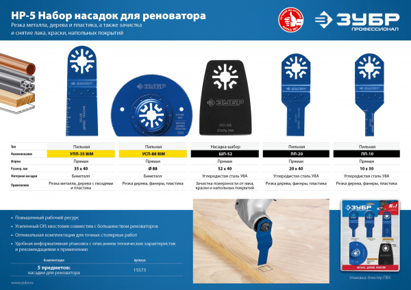 ЗУБР НР-5 UniLock, OIS-хвост., 5 предм., набор насадок для реноватора, Профессионал (15573)