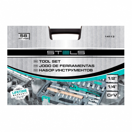 Набор инструментов, 1/2", Cr-V, S2, усиленный кейс, 58 предметов Stels Набор инструментов, 1/2", Cr-V, S2, усиленный кейс, 58 предметов Stels