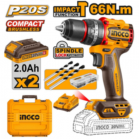 Шуруповерт INGCO CIDLI20668 ударный бесщеточный Li-Ion 20.0В, 2.0 Ah. 2 АКБ 66 Нм  INDUSTRIAL NEW