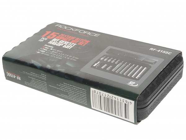 Набор бит RF-4155C HEX с битодержателем,15пр. 1/2"(L:30/75мм;4-8,10,12мм),  кейсе ROCKFORCE /1