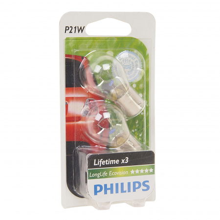Автолампа P21W (BA15s) LongLife EcoVision (блистер, 2шт) 12V PHILIPS /1/10