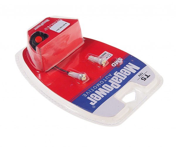 Автолампа T5 (W2*4.6d) 3 SMD 3020 WHITE блистер с тестером (2шт) 6000K 21лм   12V MEGAPOWER /1 /25