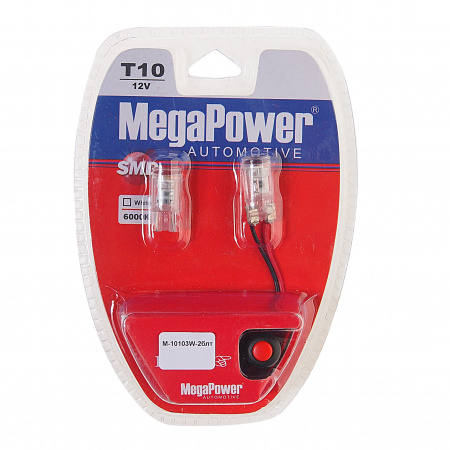 Автолампа T10W (W2,1x9,5d) 3 SMD 2835 WHITE блистер с тестером (2 шт) 6000K 54лм   12V MEGAPOWER /1 /25