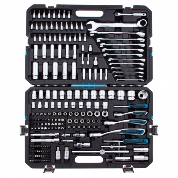 Набор инструментов, 1/2", 3/8", 1/4", CrV, 120 зубьев, 216 предметов Gross Набор инструментов, 1/2", 3/8", 1/4", CrV, 120 зубьев, 216 предметов Gross