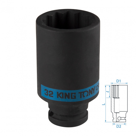 Головка торцевая ударная глубокая двенадцатигранная 1/2", 32 мм KING TONY 443032M Головка торцевая ударная глубокая двенадцатигранная 1/2", 32 мм KING TONY 443032M