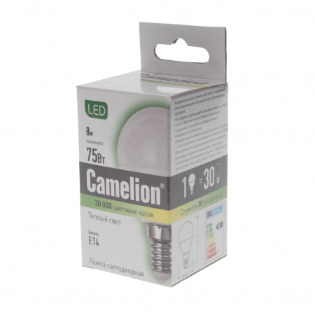 Лампа светодиодная E14 G45 8W тёплый свет CAMELION 1/10/100