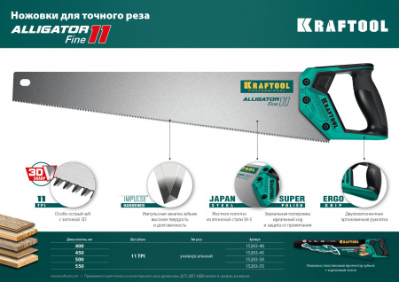 KRAFTOOL Alligator Fine 11, 450 мм, ножовка для точного реза (15203-45)