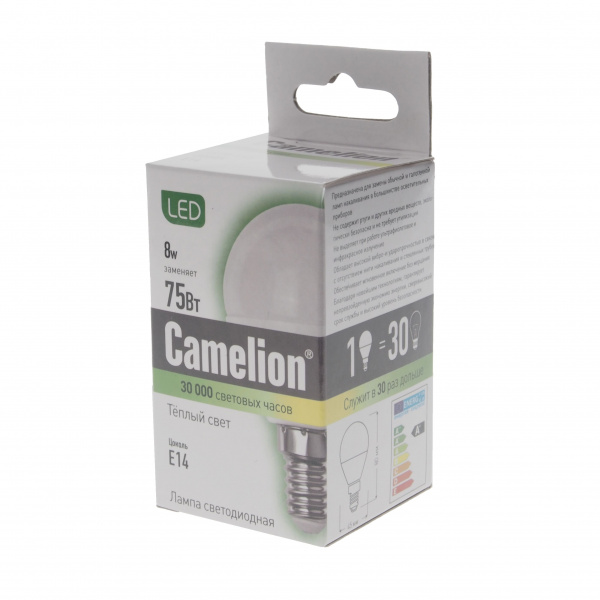 Лампа светодиодная E14 G45 8W тёплый свет CAMELION 1/10/100