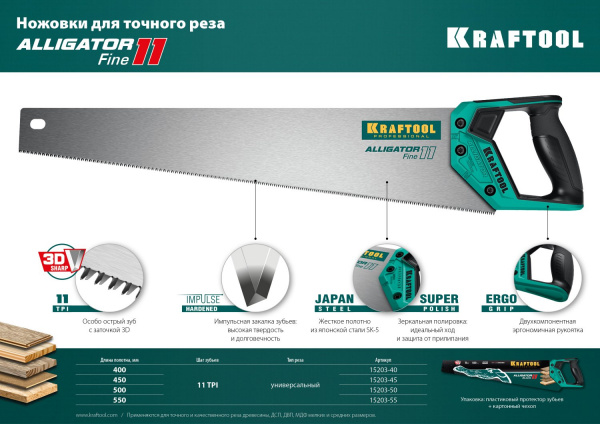 KRAFTOOL Alligator Fine 11, 450 мм, ножовка для точного реза (15203-45)