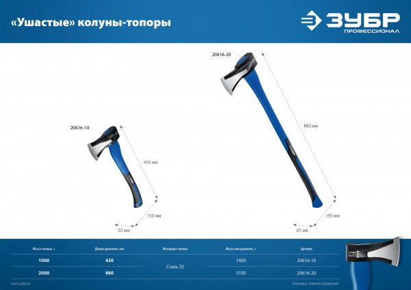 ЗУБР Ушастый, 2000/3100 г, 900 мм, топор-колун, Профессионал (20616-20)