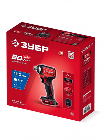 ЗУБР 20 В, 180 Н·м, 1 АКБ LMS (2 А·ч), бесщеточный ударный винтоверт, сумка (ВБУ-180-21)