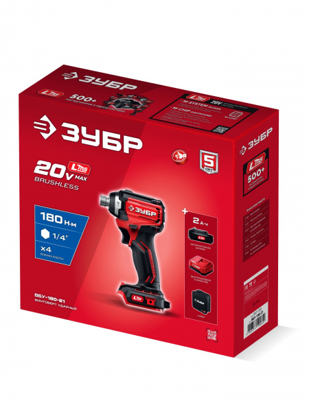 ЗУБР 20 В, 180 Н·м, 1 АКБ LMS (2 А·ч), бесщеточный ударный винтоверт, сумка (ВБУ-180-21)