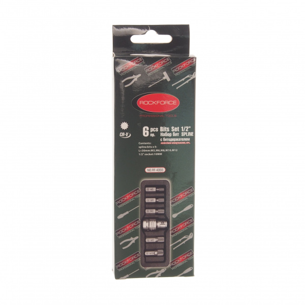 Набор бит RF-4066 SPLINE с битодержателем,6пр.1/2"(L:30мм;M5,М6,М8,М10,M12), в ложементе ROCKFORCE /1