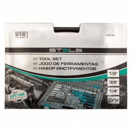 Набор инструментов, 1/4", 3/8", 1/2", Cr-V, S2, усиленный кейс, 216 предметов Stels Набор инструментов, 1/4", 3/8", 1/2", Cr-V, S2, усиленный кейс, 216 предметов Stels