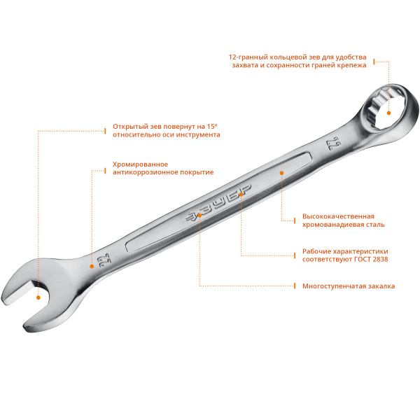ЗУБР 22 мм, комбинированный гаечный ключ, Профессионал (27087-22)