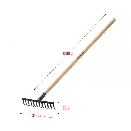GRINDA GT-12 WOOD, 310 х 80 х 1300 мм, 12 прямых зубцов, углерод. сталь, антикор. покрытие, черенок дерев. высш. сорт, садовые грабли (39583-12)