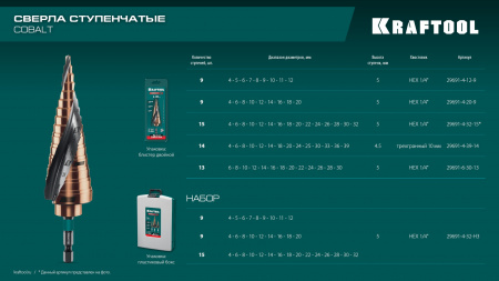 KRAFTOOL COBALT 4-20мм, 9 ступеней, азотирование, винтовая спираль, сверло ступенчатое(29691-4-20-9)