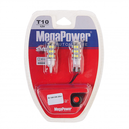Автолампа T10W (W2,1x9,5d) 25 SMD 3528+5050 WHITE блистер с тестером (2 шт) 6000K 452лм   12V MEGAPOWER /1 /25