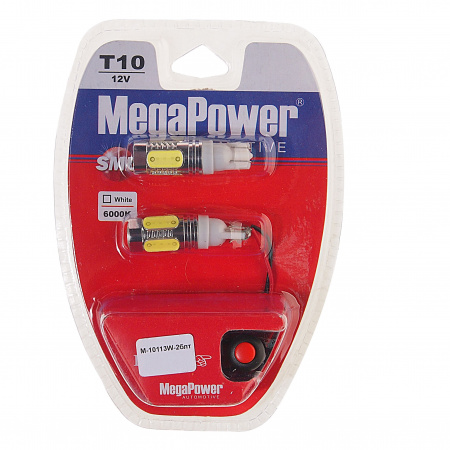 Автолампа T10W (W2,1x9,5d) 4 SMD MEGA WHITE  блистер с тестером (2 шт) 6000K 300лм   12V MEGAPOWER /1 /25