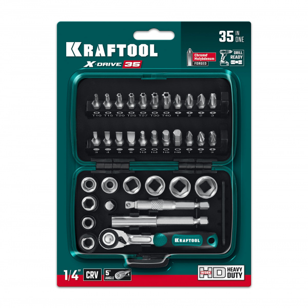 KRAFTOOL X-Drive 35, 35 предм., универсальный набор инструмента 1/4″ (27974) KRAFTOOL X-Drive 35, 35 предм., универсальный набор инструмента 1/4″ (27974)