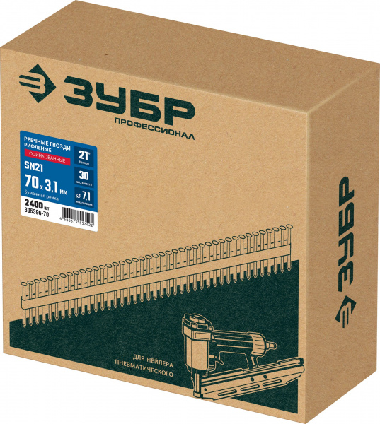 ЗУБР SN21 70 х 3.1 мм, реечные гвозди рифленые оцинкованные, 2400 шт (305396-70)