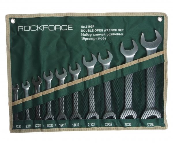 Набор ключей рожковых RF-5103P: 10пр.(8x10,9x11,12x13,14x15,16x17,18x19,21x23,22x24,27х30,32х36мм), на полотне ROCKFORCE /1/10 Набор ключей рожковых RF-5103P: 10пр.(8x10,9x11,12x13,14x15,16x17,18x19,21x23,22x24,27х30,32х36мм), на полотне ROCKFORCE /1/10