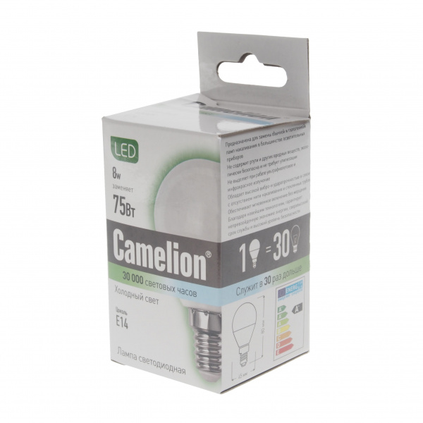 Лампа светодиодная E14 G45 8W холодный свет CAMELION 1/10/100