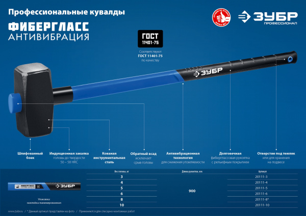 ЗУБР 4 кг, кувалда с удлинённой рукояткой, Профессионал (20111-4)