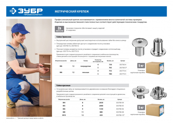 ЗУБР M6 x 12 мм, шест. 4 мм, цинк, 5 кг, гайка Эриксона с плоской головкой, Профессионал (303770-4)