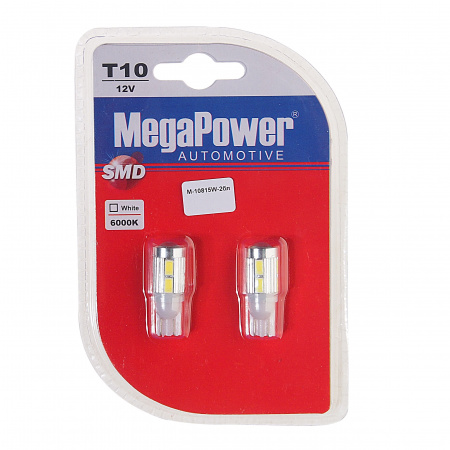 Автолампа T10W (W2,1x9,5d) 10 SMD 5630 WHITE блистер (2 шт) 6000K 600лм   12V MEGAPOWER /1 /50