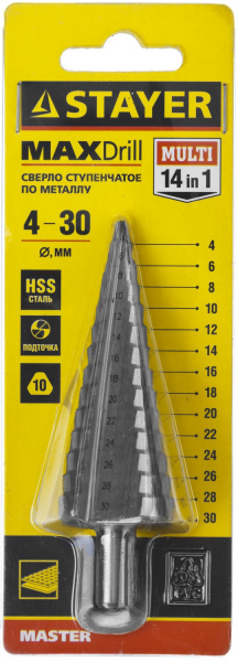 STAYER 4-30 мм, 14 ступеней, сталь HSS, ступенчатое сверло (29660-4-30-14)
