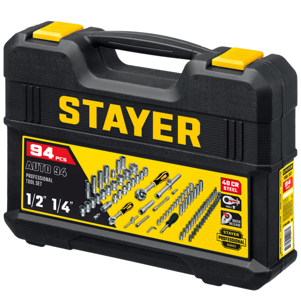 STAYER AUTO 94, 94 предм., (1/2″+1/4″), универсальный набор инструмента, Professional (27760-H94) STAYER AUTO 94, 94 предм., (1/2″+1/4″), универсальный набор инструмента, Professional (27760-H94)