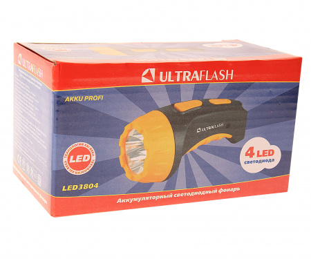 Фонарь C-3804 4 LED BLACK/YELLOW 13см с аккумулятором 220V ULTRAFLASH /1/5/80